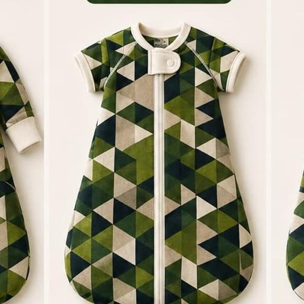 Sleep sack zip and cuff detail, Forest Triangles print