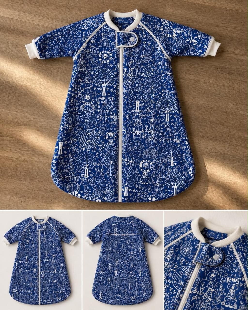 A Bamba Baby sleep sack in Woodland Navy print, laid out to show its full construction